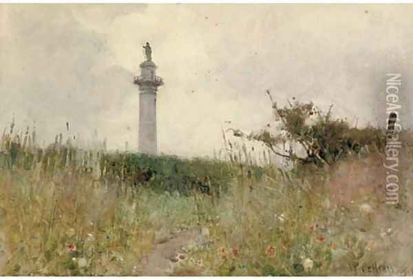 Napoleon's Column from the fields leading to Wimereux Oil Painting - Hector Caffieri