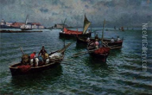 Fishing Boats In A Harbour Oil Painting - Attilio Pratella
