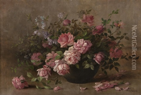 Still Life With Pink Roses And Lilacs Oil Painting - Julia I. Leonard