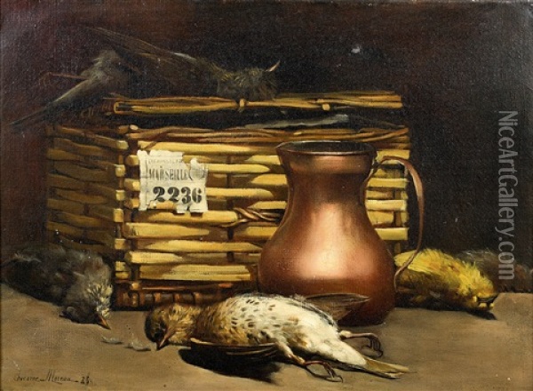 Nature Morte Aux Oiseaux Avec Une Grive Musicienne Et Un Pot En Cuivre Oil Painting - Paul-Charles Chocarne-Moreau