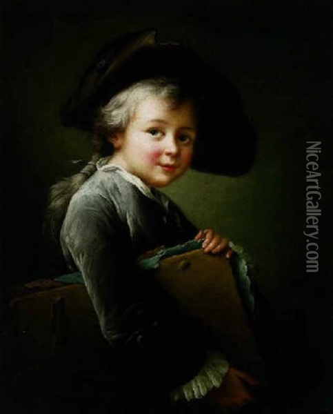 A Young Boy Holding A Portfolio Oil Painting - Francois Hubert Drouais