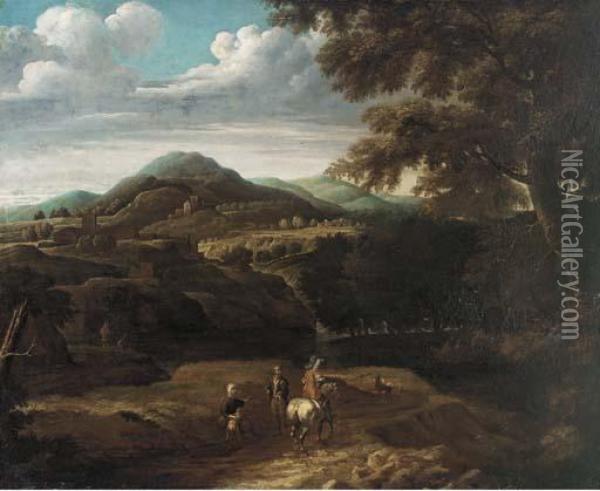 A Wooded Mountainous Landscape With Travellers On A Track Oil Painting - Jacques D Arthois