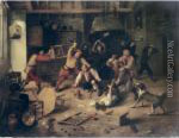 Peasants Brawling In A Tavern Interior Oil Painting - Abraham Diepraam