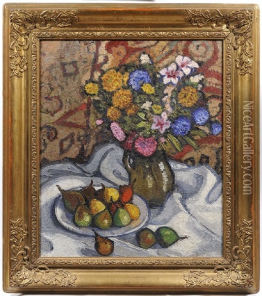 Still Life With Flowers And Pears Oil Painting - Karel Bohacek