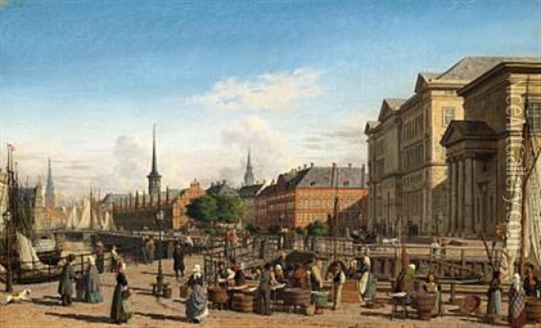 Summer Day In Hojbro Plads, Copenhagen Oil Painting - Heinrich Hansen