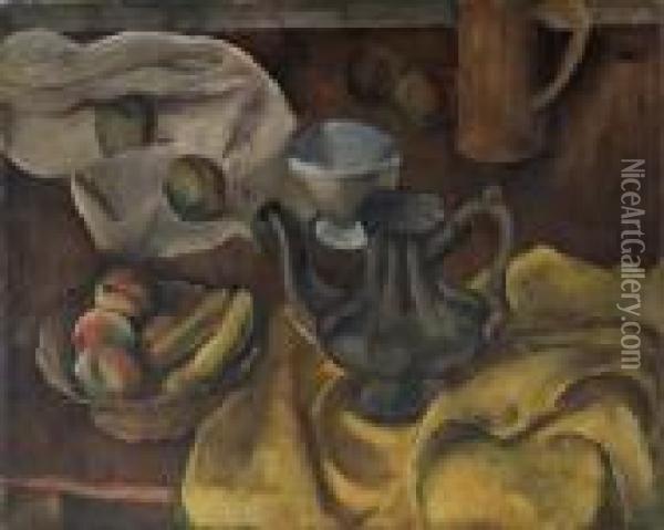 Still Life With Fruit Bowl And Metal Pot Oil Painting - Georges Kars
