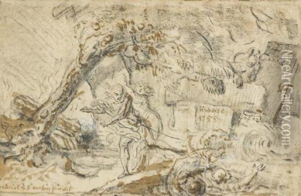 Le Tremblement De Terre De 
Lisbonne En 1755 : Des Figures Fuyant Sous La Chute D'une Maison Oil Painting - Gabriel De Saint Aubin