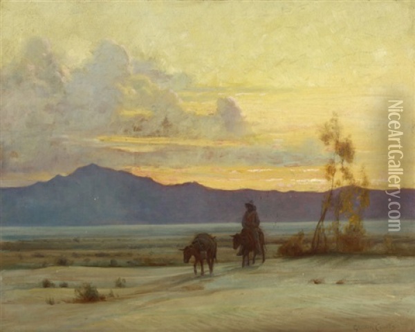 Cowboy With Two Mules Riding Across The Desert Oil Painting - Gordon Coutts