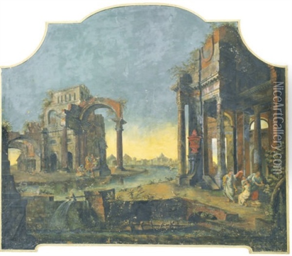 An Architectural Capriccio With Figures Among Ruins Oil Painting - Pietro Paltronieri