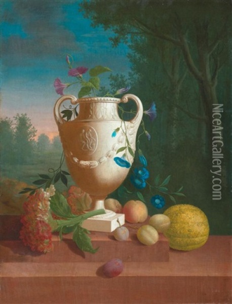 Eine Vase Und Fruchte Auf Einer Steinbrustung Vor Einer Landschaft Oil Painting - Pieter Faes