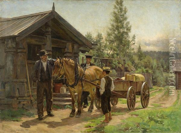 To Menn Og En Gutt Ved Hest Og Kjerre Oil Painting - Jacob Gloersen