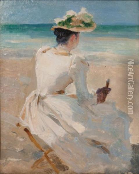 Femme A L'ombrelle Sur La Plage Oil Painting - Jules Cheret