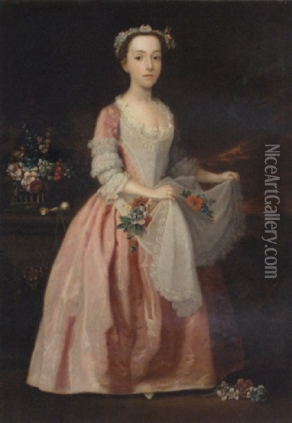 Portrait Of A Girl, Standing, In A Pink Dress With Lace Trimmings, Gathering Flowers Oil Painting - Joseph Highmore