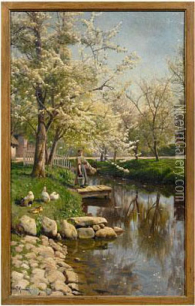 Woman With Laundry Beside
A River In Spring Landscape Oil Painting - Peder Mork Monsted