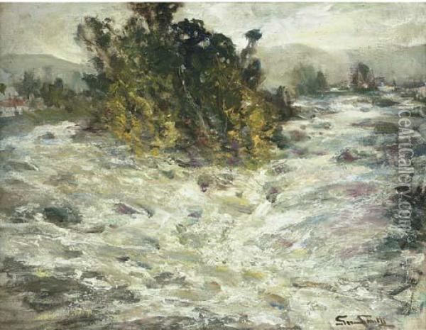 A River In Full Spate Oil Painting - George Smith