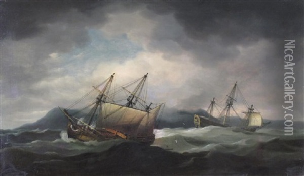 Ships In A Swell Oil Painting - Thomas Luny