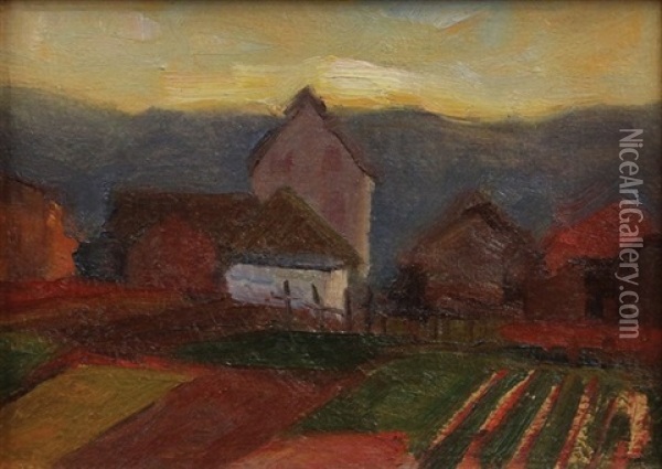Untitled (farm At Sunset/hatton Ranch) Oil Painting - August Gay