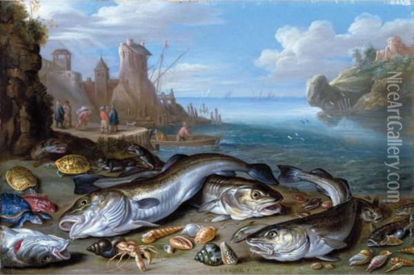 A Harbour Scene With Fish, 
Crustaceans, Tortoises And Turtles And Otters On A Beach, A Harbour 
Beyond Oil Painting - Jan van Kessel
