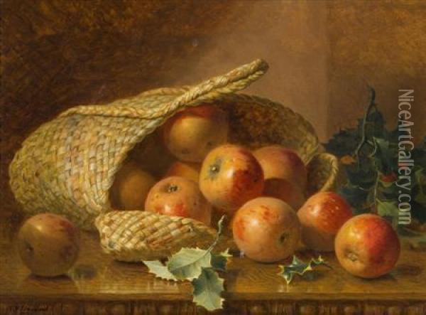 A Still Life Of Apples In A Basket With Holly Oil Painting - Eloise Harriet Stannard