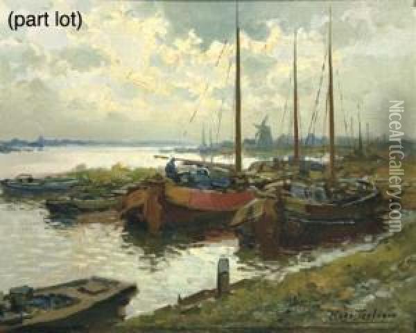 Moored Barges At Dusk Oil Painting - Kees Terlouw