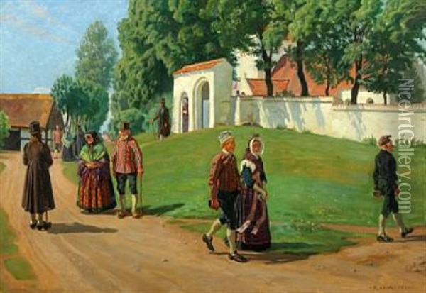 Scenery With Persons By Onsbjerg Church, Samsoe Oil Painting - Rasmus Christiansen