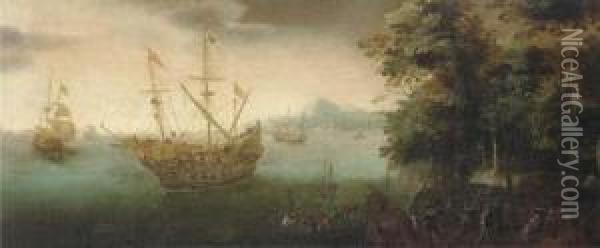 A Coastal Landscape With Soldiers Disembarking From Aman-o'-war Oil Painting - Cornelis Verbeeck
