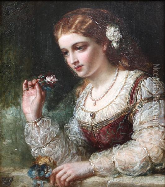 Portrait Of A Lady Holding A Small Posy Offlowers Oil Painting - John Robert Dicksee