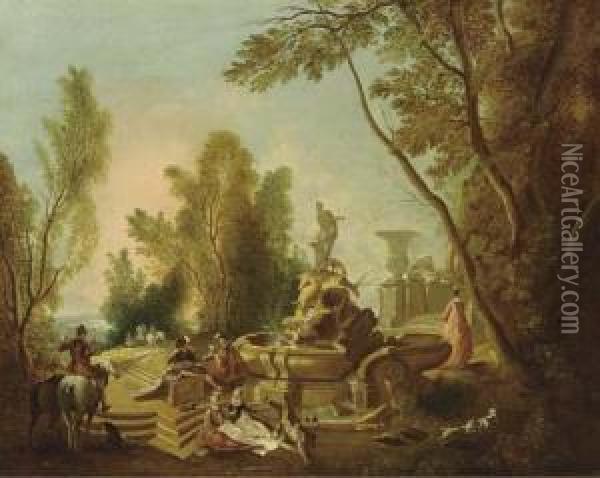 Elegant Company Making Music And
 Resting Near A Sculpted Fountain Of Diana In A Park Landscape Oil Painting - Jacques de Lajoue