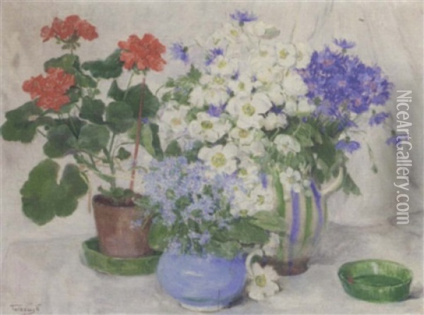 Primulas, Anemones, Cornflowers, In Vases And Pelagoniums In A Pot On A Draped Table Oil Painting - Valeria Telkessy