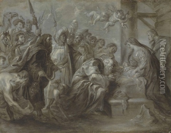 The Adoration Of The Magi - En Grisaille Oil Painting - Peter Paul Rubens