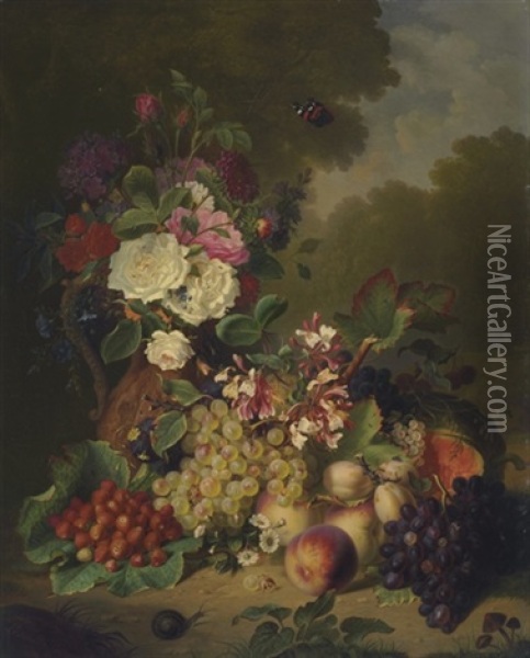 Grapes, Plums, Strawberries, Peaches, Pumpkin, And Summer Flowers Oil Painting - Ange Louis Guillaume Lesourd-Beauregard