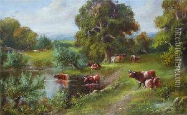 Landscape With Cattle On A River Bank With Further Cattle In The River And Beyond Oil Painting - J. Lewis