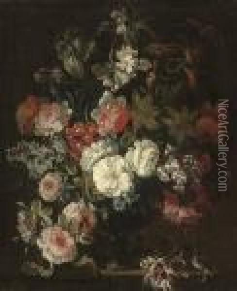 Roses, Chrysanthemums, An Iris, Dianthus And Other Flowers In Anurn On A Stone Ledge Oil Painting - Jean-Baptiste Monnoyer