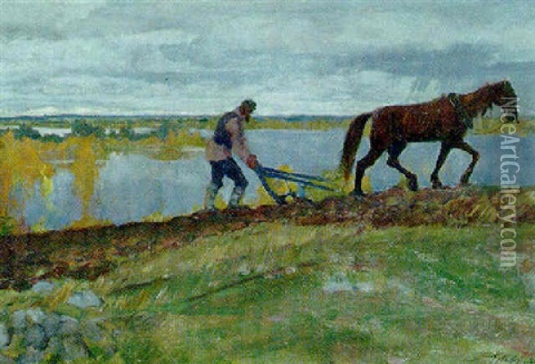 Ploughing The Field Oil Painting - Grigori Mikhailovich Bobrovsky