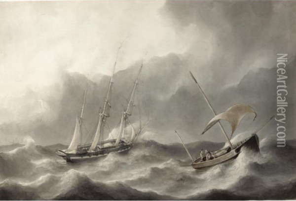 A Three-master And A Sailing Boat In Stormy Waters Oil Painting - Petrus Jan Schotel