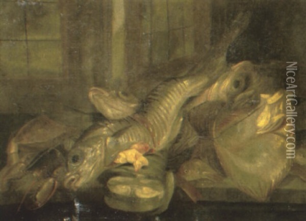 Dead Fish On A Stone Ledge, A Window Behind Oil Painting - Giuseppe Recco