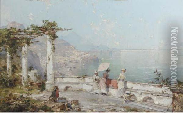 Amalfi, Golfe De Salern: Elegant Ladies Overlooking The Gulf Ofsalerno Oil Painting - Franz Richard Unterberger