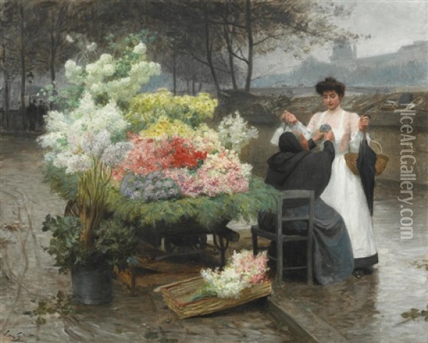 La Marchande De Fleurs Sur Les Quais A Paris Oil Painting - Victor Gabriel Gilbert