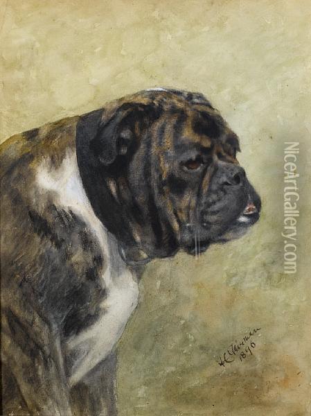 A Portrait Of A Brindle Bulldog Oil Painting - Frances C. Fairman