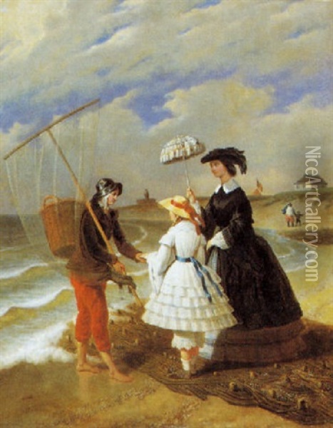 Elegente Dame En Kind Aan Het Strand Met Visser Oil Painting - Jacques Joseph Eeckhout
