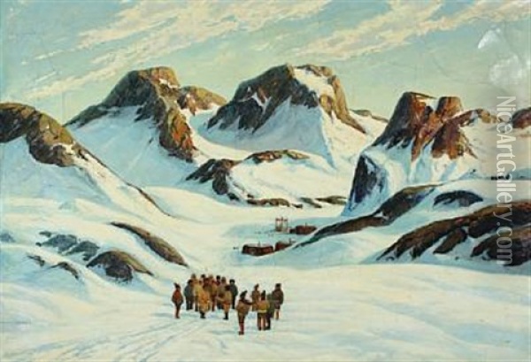 Landscape From Greenland With A Village And Drum Dancers Oil Painting - Emanuel A. Petersen