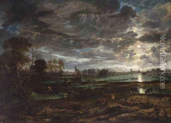 River Landscape c. 1650 Oil Painting - Aert van der Neer