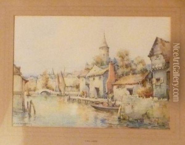 Continental Town Riverscape Oil Painting - Cyril Hardy