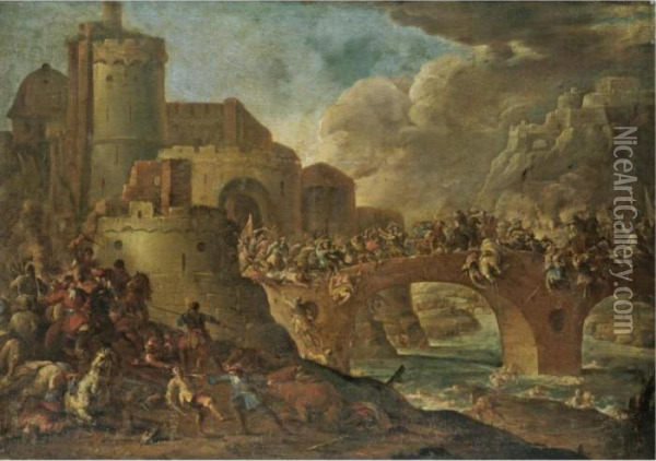 An Extensive Battle Scene With Soldiers Fighting On A Bridge Before A Fortified Town Oil Painting - Francesco Monti