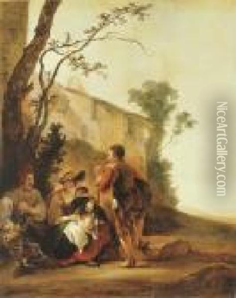 A Shepherd Conversing With A Peasant Family Seated By A Tree Oil Painting - Jan Baptist Weenix