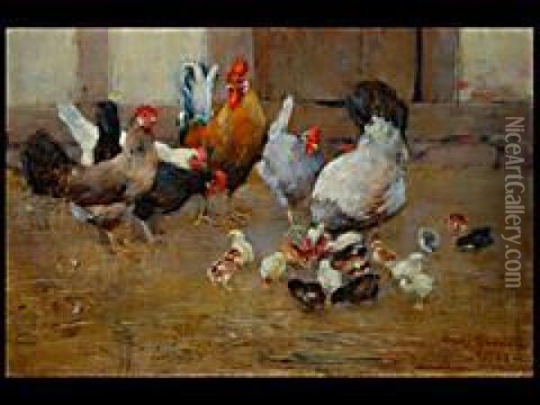 Die Huhnerfamilie Oil Painting - Franz Grassel