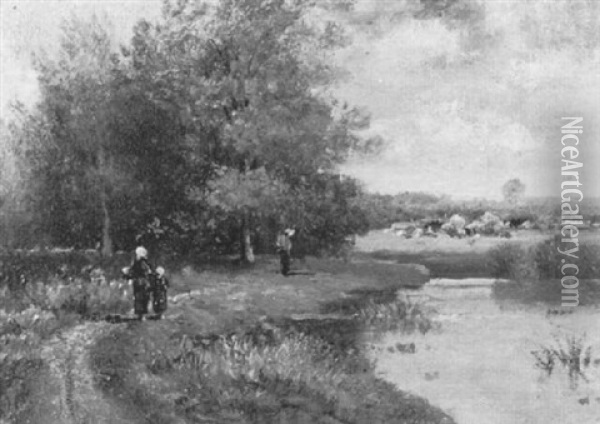 Spazierganger Auf Uferweg Unter Bewolktem Himmel Oil Painting - Eugene Victor de Flogny