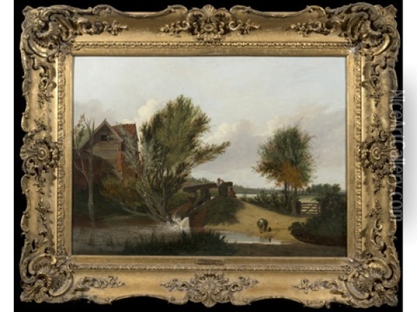 Figures Beside A Mill Pond Oil Painting - Alfred Stannard