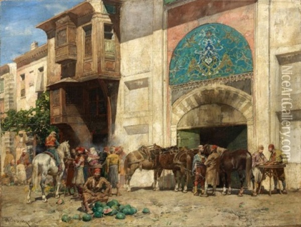 Cavaliers Devant La Porte Du Bazar Oil Painting - Alberto Pasini
