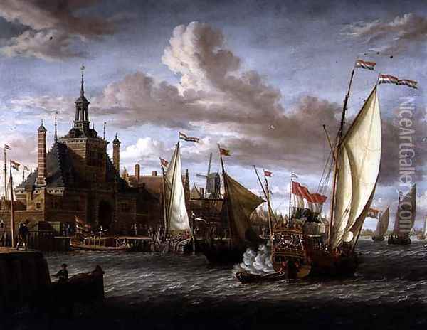 A Zeeland States Yacht Firing a Salute off the Dude Hoofdpoort, Rotterdam Oil Painting - Jacobus Storck
